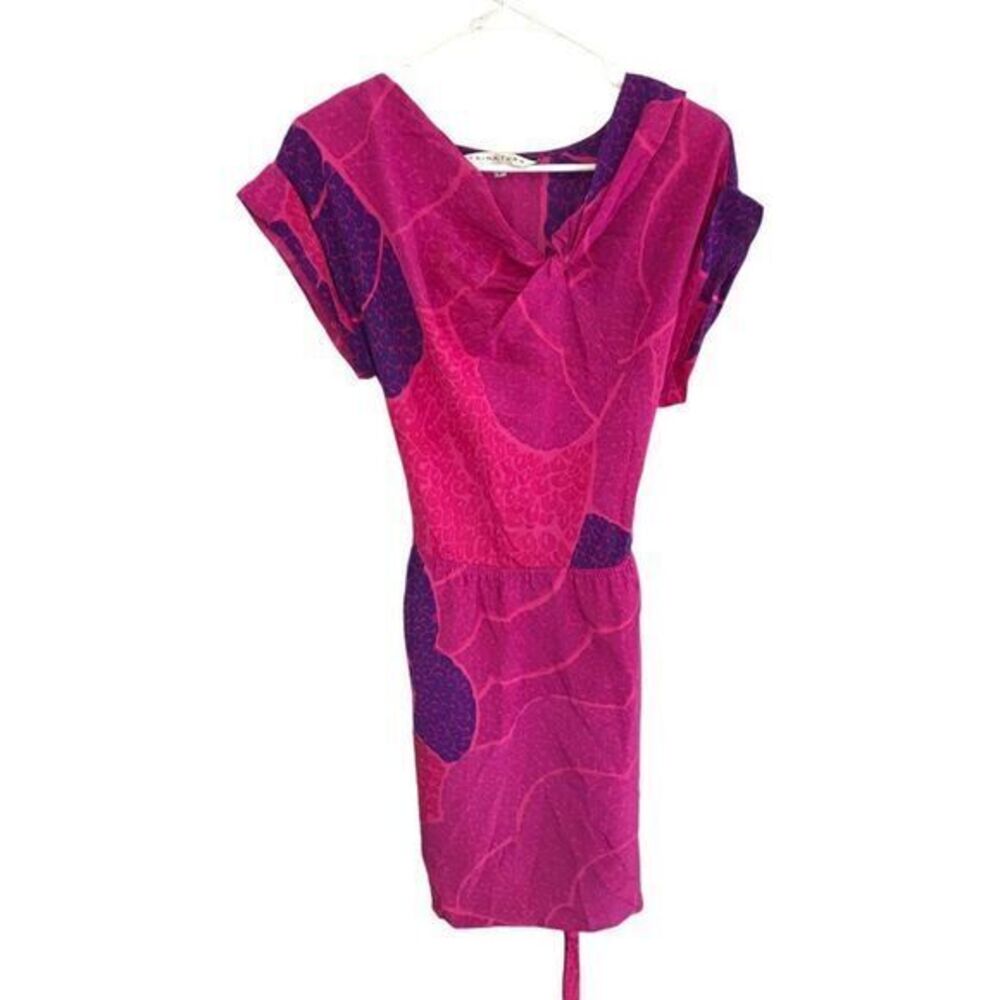 Trina Turk Women's Geometric Silk Purple Pink Draped Neck Dress Size 2 Tie Belt